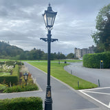 Victorian Cast Iron Lamp Post 3.5m in black, tapered four-sided lantern on a decorative iron column with stepped base, shown on a garden pathway.