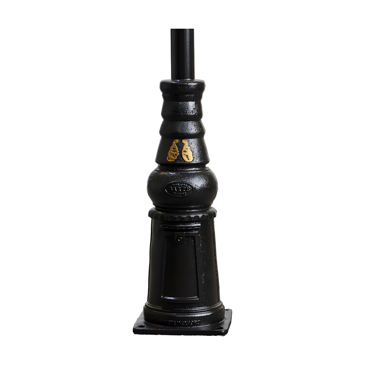 Victorian Cast Iron Lamp Post base in black, traditional style with decorative gold-toned motif and access door, shown on a plain white background.