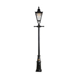 Victorian-style black cast iron lamp post, 3.3m tall, featuring a tapered lantern head, cast finial, decorative scroll brackets and a stepped moulded base.