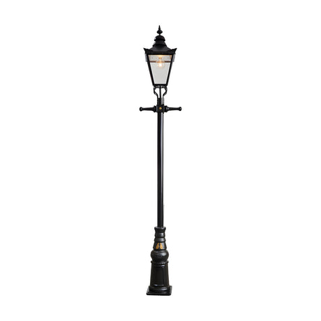 Victorian-style black cast iron lamp post, 3.3m tall, featuring a tapered lantern head, cast finial, decorative scroll brackets and a stepped moulded base.