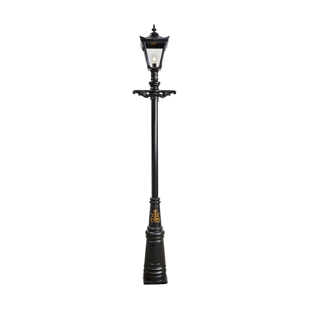 Victorian Cast Iron Lamp Post in black, 3.31m tall with a tapered four-sided lantern head, stepped crown, cast finial, and decorative wall-mount bracket, shown against a plain white background.