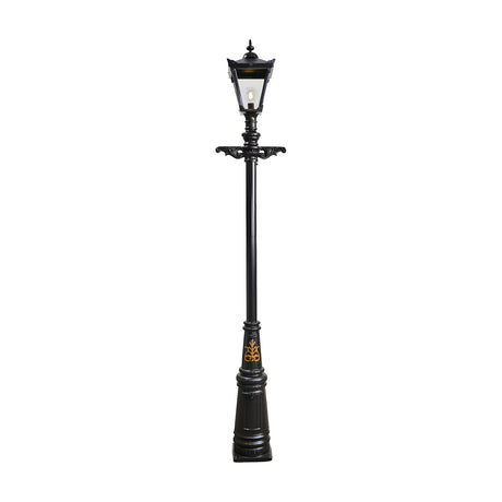 Victorian Cast Iron Lamp Post in black, 3.31m tall with a tapered four-sided lantern head, stepped crown, cast finial, and decorative wall-mount bracket, shown against a plain white background.