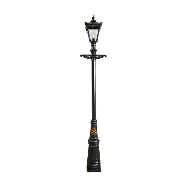 Victorian Cast Iron Lamp Post in black, 3.31m tall with a tapered four-sided lantern head, stepped crown, cast finial, and decorative wall-mount bracket, shown against a plain white background.