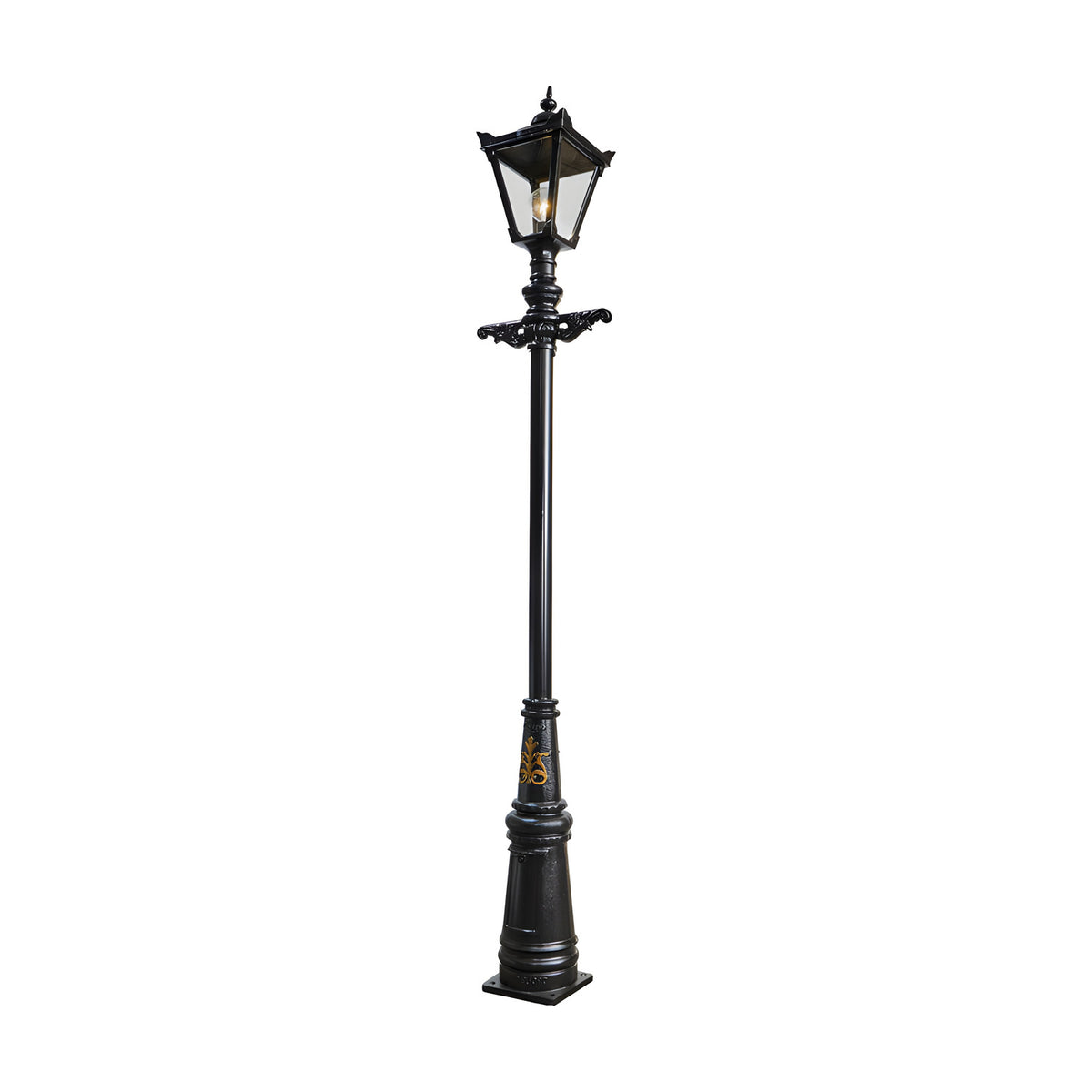 Victorian Cast Iron Lamp Post, 3.31m tall, black finish with a tapered four-sided lantern head, decorative scrollwork on the pole, and a stepped base, shown against a plain white background.