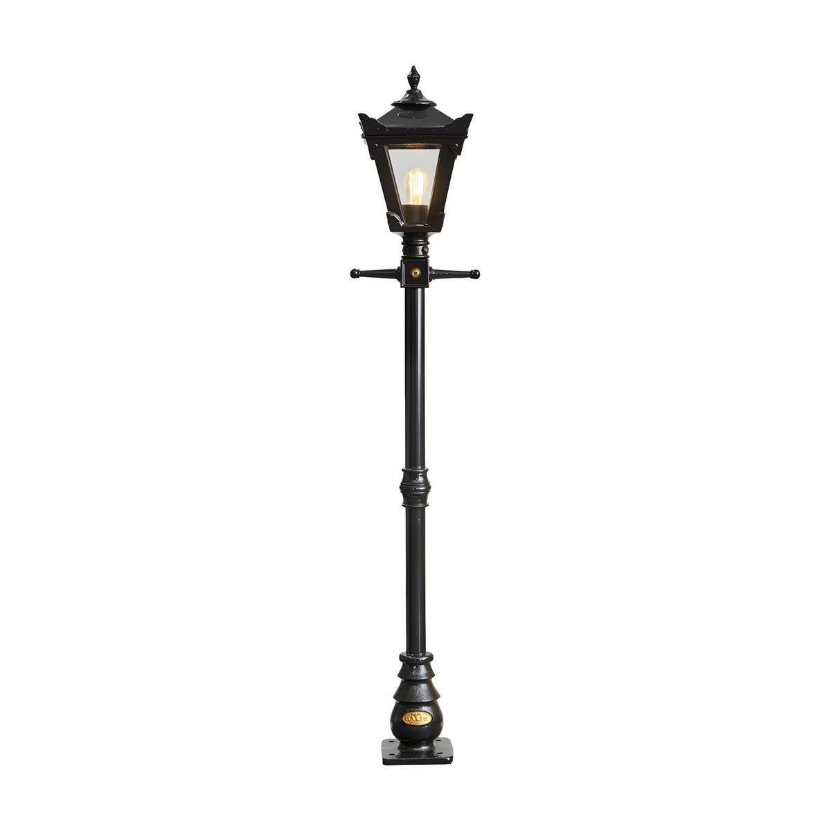Victorian Cast Iron Lamp Post in black, 1.4m tall with a tapered four-sided lantern head, stepped crown, cast finial and decorative cross arms on a slender post, shown on a plain white background.