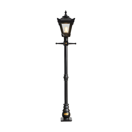 Victorian Cast Iron Lamp Post in black, 1.4m tall with a tapered four-sided lantern head, stepped crown, cast finial and decorative cross arms on a slender post, shown on a plain white background.