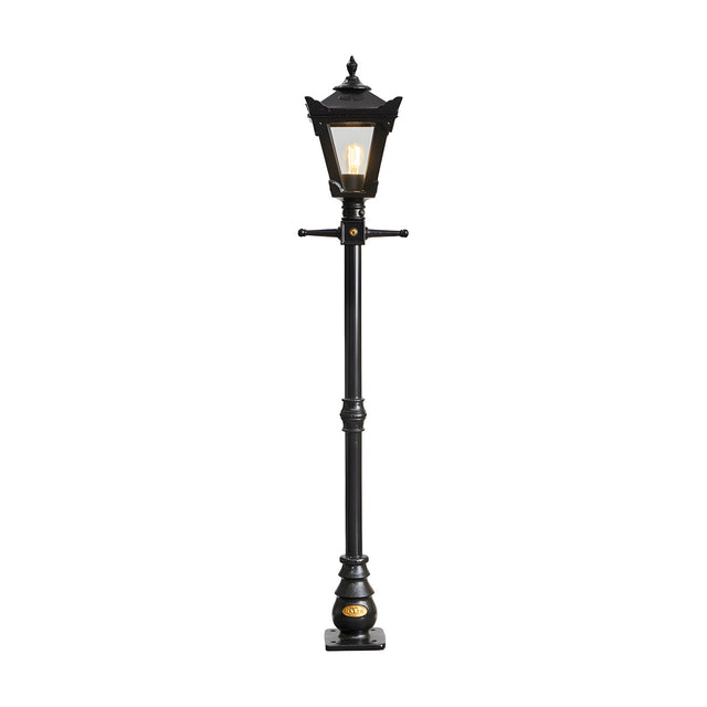 Victorian Cast Iron Lamp Post in black, 1.4m tall with a tapered four-sided lantern head, stepped crown, cast finial and decorative cross arms on a slender post, shown on a plain white background.