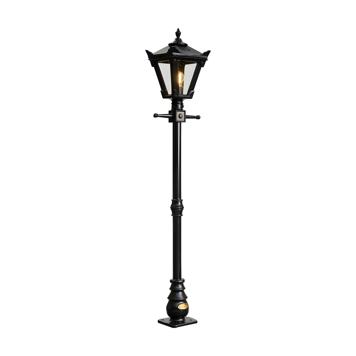 Victorian cast iron lamp post in black, 1.4m tall with a tapered four-sided lantern head, cast finial and clear glass panels, shown on a plain white background.