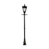 Black Victorian cast iron lamp post, 2.6m tall, with a four-sided glass lantern head, decorative crown finial and ornate cast base, shown on a plain white background.