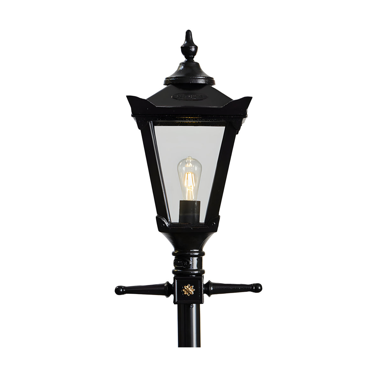 Victorian Cast Iron Lamp Post 2.6m in black, showing the tapered four-sided lantern head with clear glass panels, cast finial, decorative crossarm, and lit bulb against a plain white background.