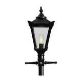 Victorian Cast Iron Lamp Post 2.6m in black, showing the tapered four-sided lantern head with clear glass panels, cast finial, decorative crossarm, and lit bulb against a plain white background.