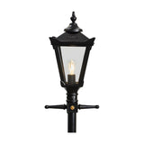 Victorian Cast Iron Lamp Post in black with tapered four-sided lantern head, clear glass panels, cast finial, and cross-arm bracket detail on a plain white background.