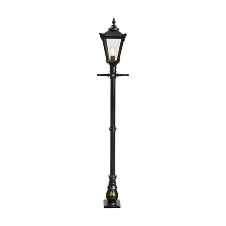 Victorian Cast Iron Lamp Post 2.3m in black, tapered four-sided lantern head with cast finial and glass panels on a tall decorative iron post, shown against a plain white background.