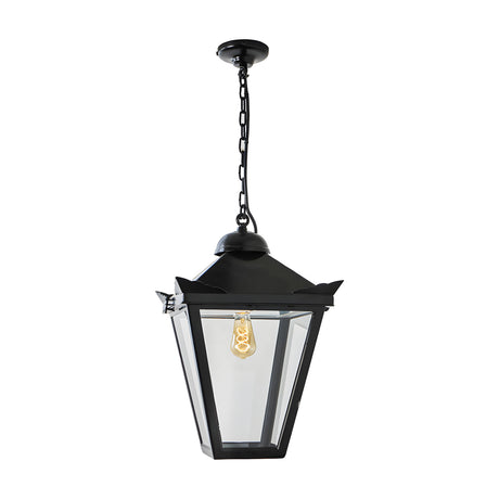Large Victorian cast iron hanging lantern in black, tapered four-sided head with stepped crown and corner tips, suspended on a chain with ceiling rose, on a plain white background.