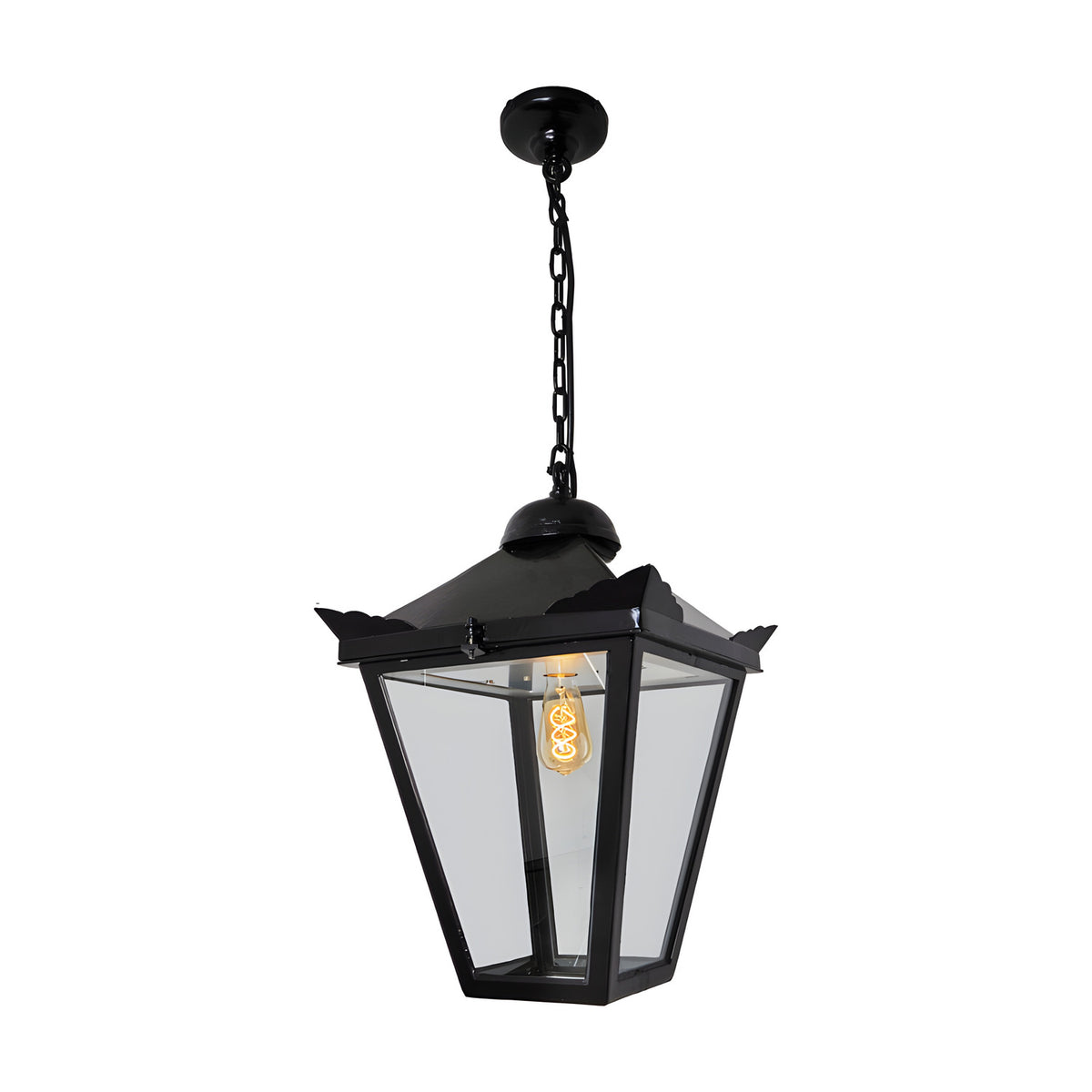Large Victorian cast iron hanging lantern in black, tapered four-sided head with stepped crown and corner tips, suspended on a chain with visible bulb, plain white background.