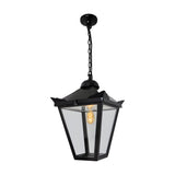 Large Victorian cast iron hanging lantern in black, tapered four-sided head with stepped crown and corner tips, suspended on a chain with visible bulb, plain white background.