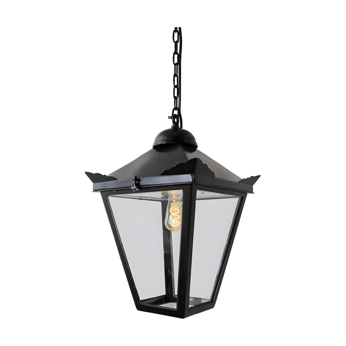 Large Victorian cast iron hanging lantern in black, tapered four-sided glass head with stepped crown and corner tips, suspended on a black chain against a plain white background.
