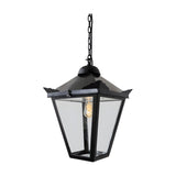 Large Victorian cast iron hanging lantern in black, tapered four-sided glass head with stepped crown and corner tips, suspended on a black chain against a plain white background.
