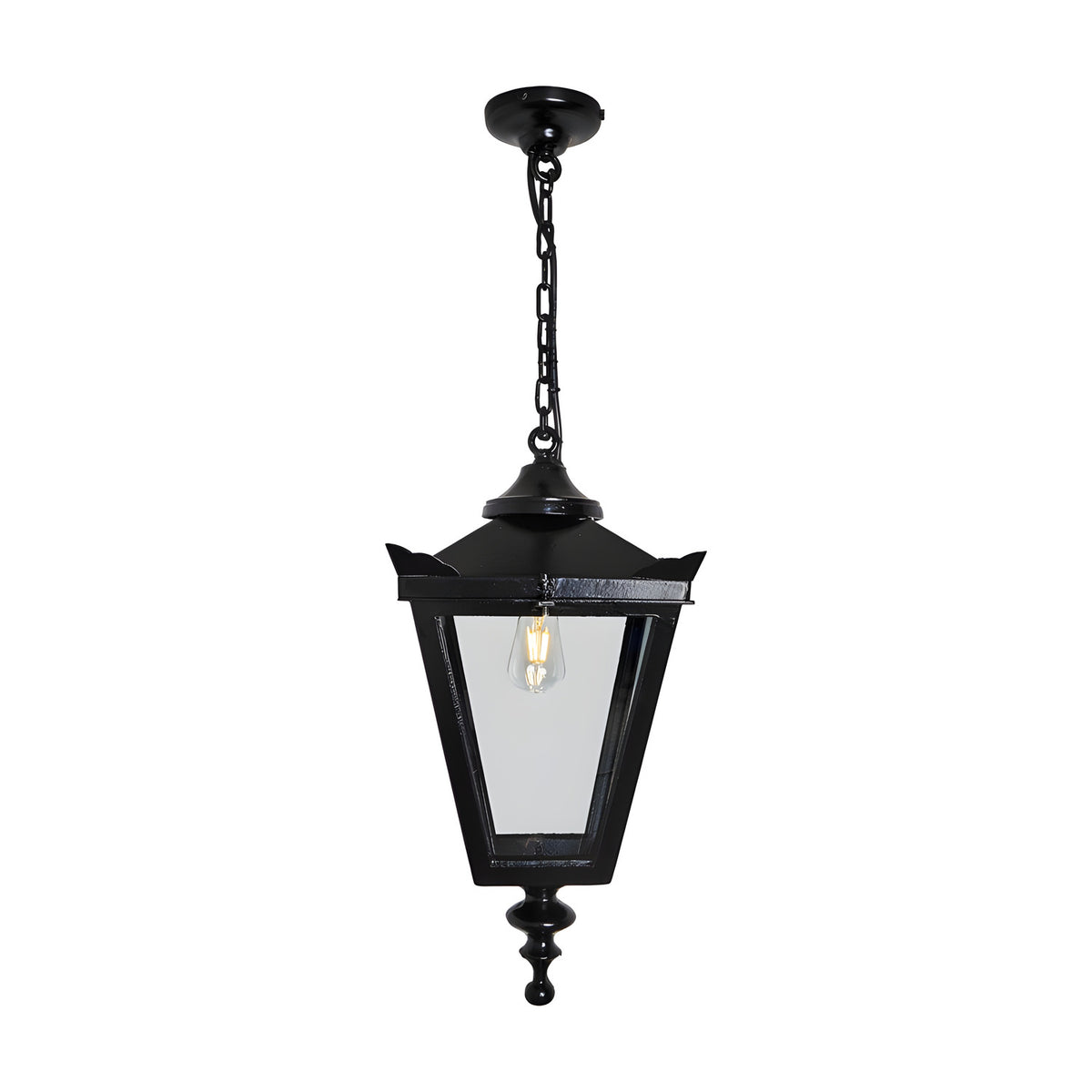 Medium Victorian cast iron hanging lantern in black, tapered four-sided glass head with stepped crown and finial, suspended from a chain, on a plain white background.