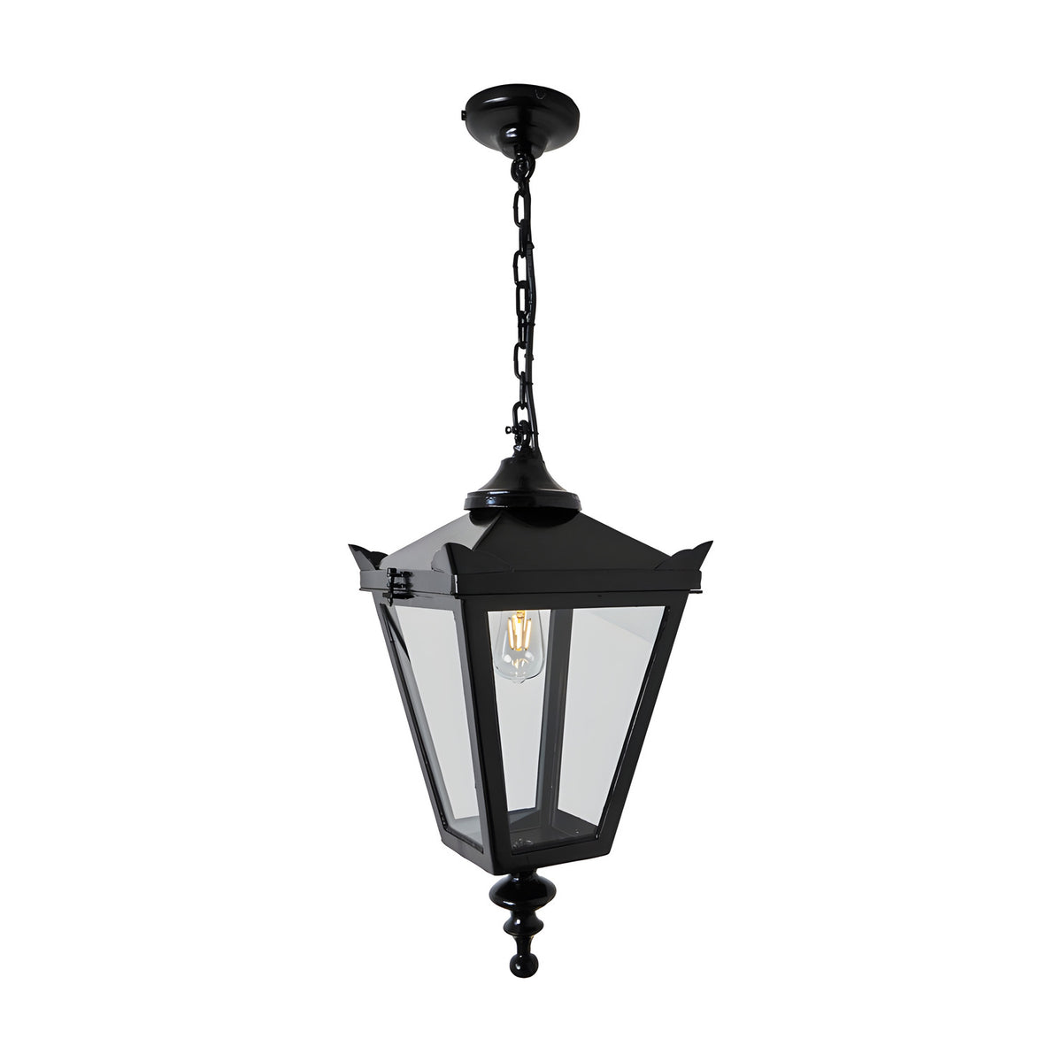 Medium Victorian cast iron hanging lantern in black, tapered four-sided glass head with stepped crown and finial, suspended on a chain, shown on a plain white background.
