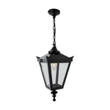Medium Victorian cast iron hanging lantern in black, tapered four-sided glass head with stepped crown and finial, suspended on a chain, shown on a plain white background.