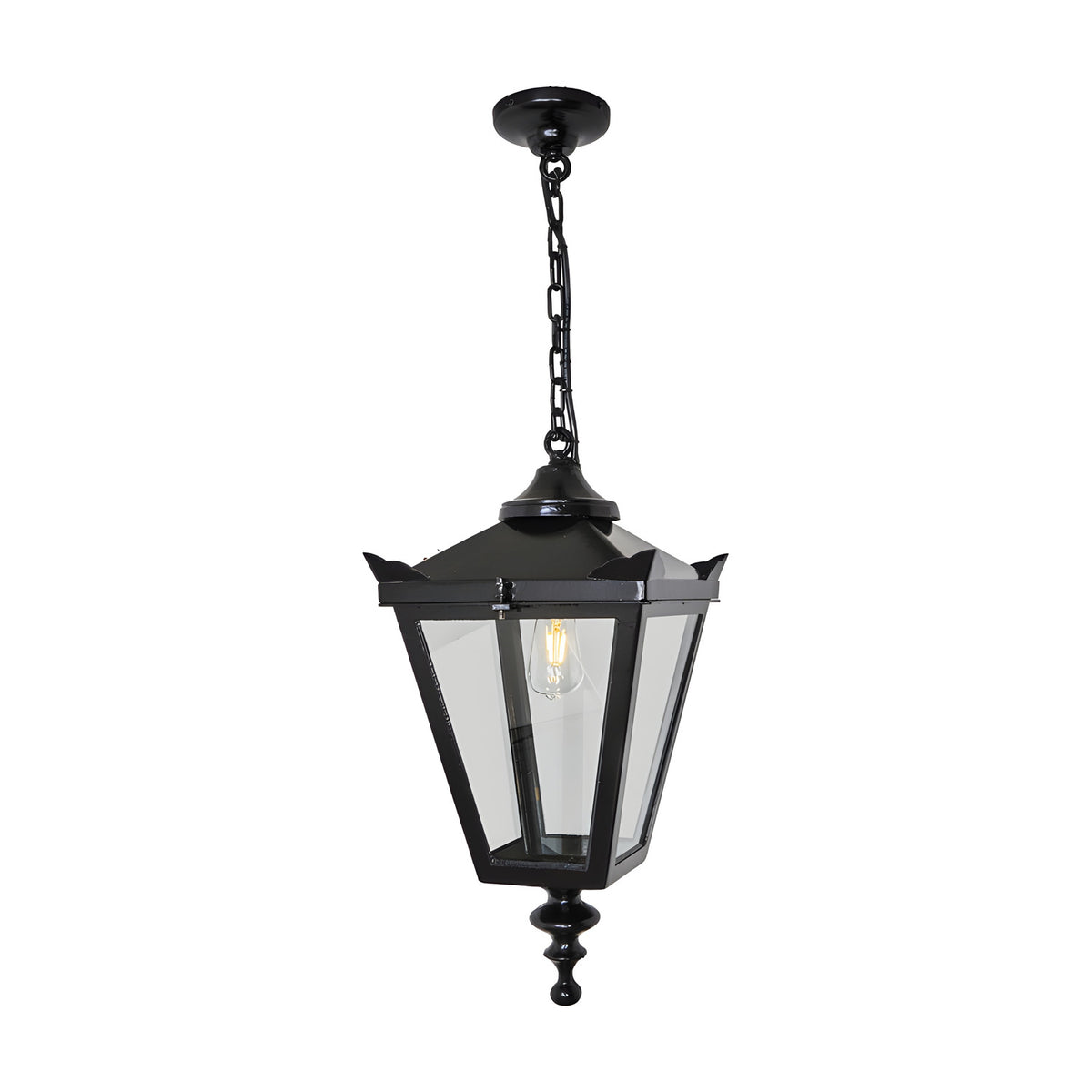 Medium Victorian cast iron hanging lantern in black, tapered four-sided glass head with stepped crown and finial, suspended from a chain, on a plain white background.