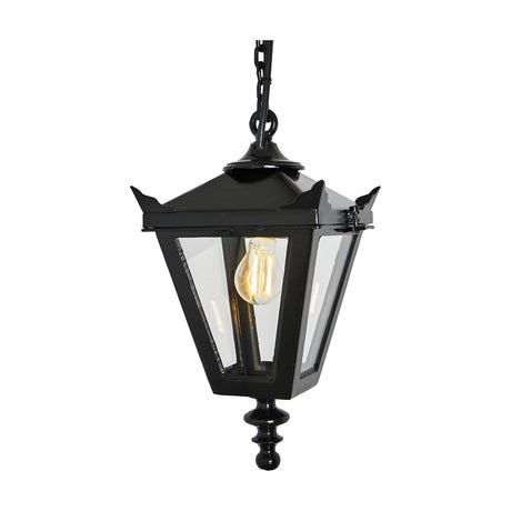 Small Victorian cast iron hanging lantern in black with tapered four-sided glass panels, stepped crown, corner tips, cast finial and hanging chain, shown on a plain white background.