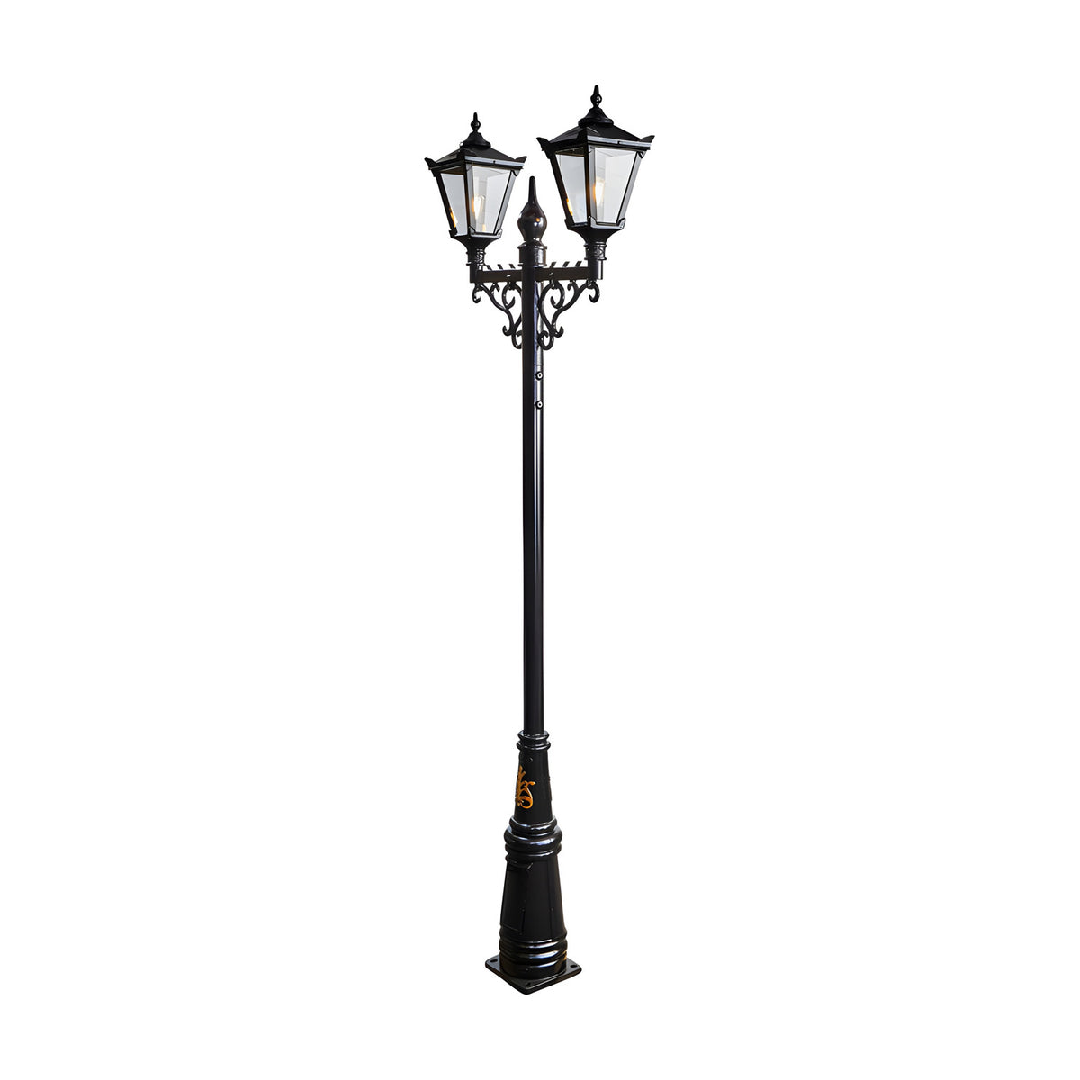 Victorian cast iron double-headed lamp post in black, 3.3m tall with two tapered lantern heads, glass panels and scrolled cross-arm bracket, on a plain white background.
