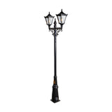 Victorian cast iron double-headed lamp post in black, 3.3m tall with two tapered lantern heads, glass panels and scrolled cross-arm bracket, on a plain white background.