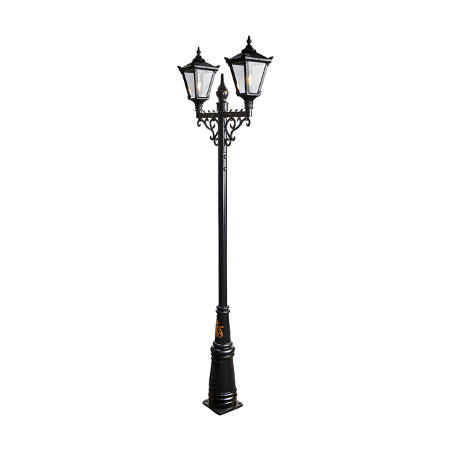 Victorian cast iron double-headed lamp post in black, 3.3m tall with two tapered lantern heads, glass panels and scrolled cross-arm bracket, on a plain white background.