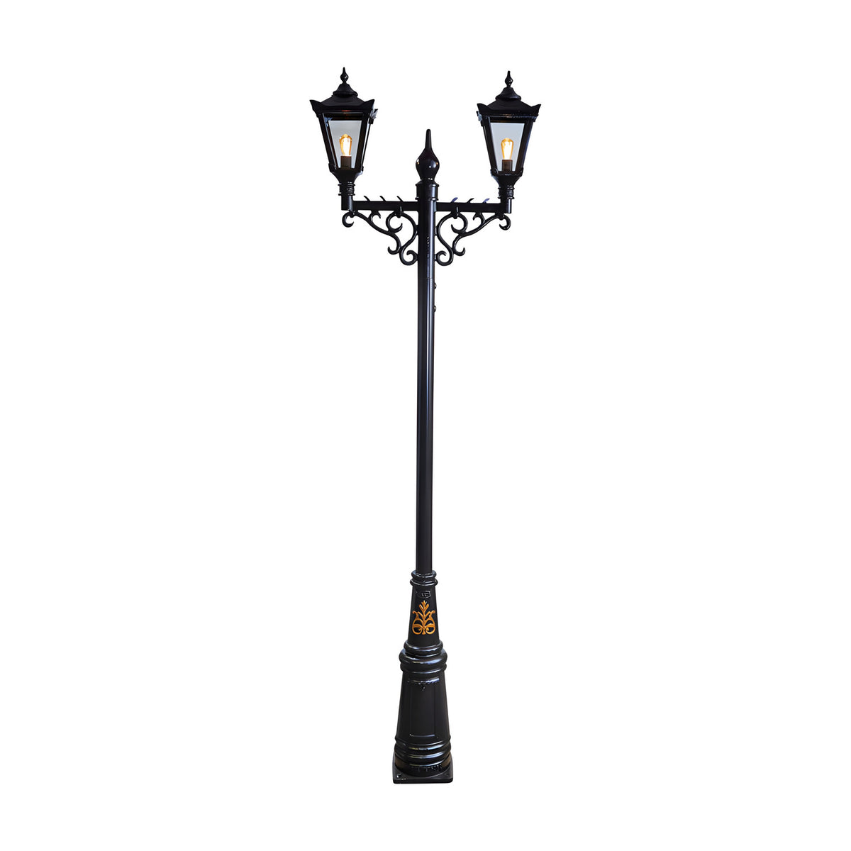 Victorian cast iron double-headed lamp post in black, 3.3m tall with two tapered lantern heads, glass panels and scrolled cross-arm bracket on a plain white background.