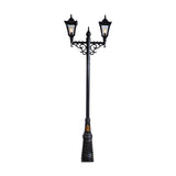 Victorian cast iron double-headed lamp post in black, 3.3m tall with two tapered lantern heads, glass panels and scrolled cross-arm bracket on a plain white background.