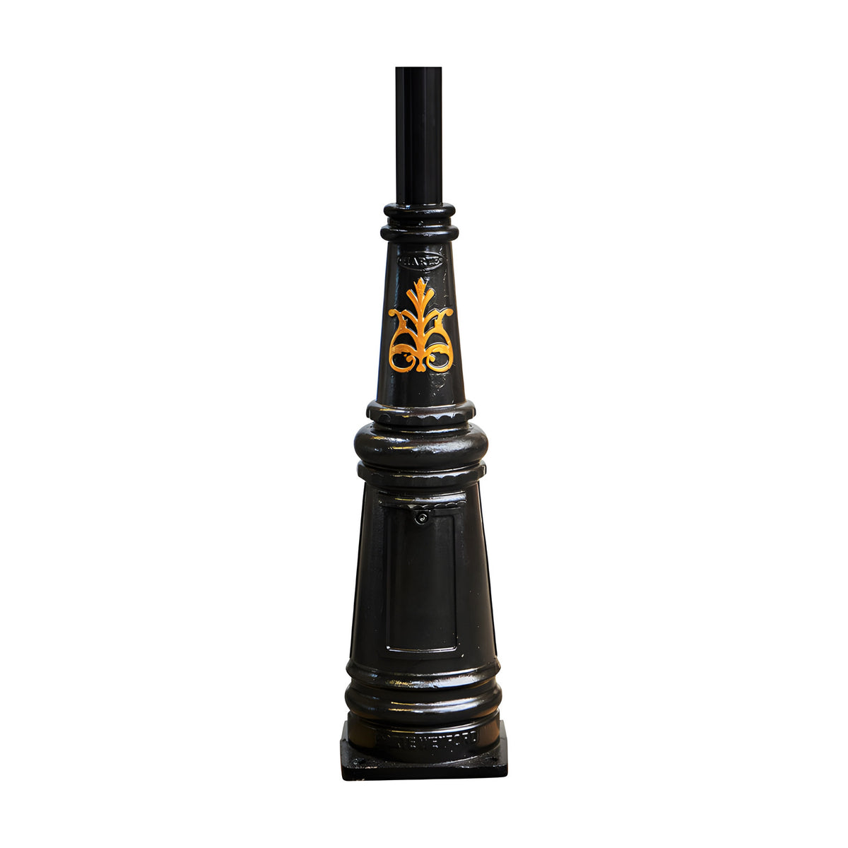 Victorian cast iron lamp post base in black with tapered fluted body, gold scroll motif, ribbed banding and square plinth, plain white background.