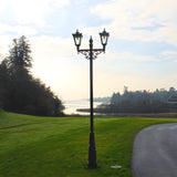 Victorian cast iron double-headed lamp post in black, 3.3m tall with two tapered lantern heads and scrolled cross-arm bracket, set on a lawn beside a driveway.