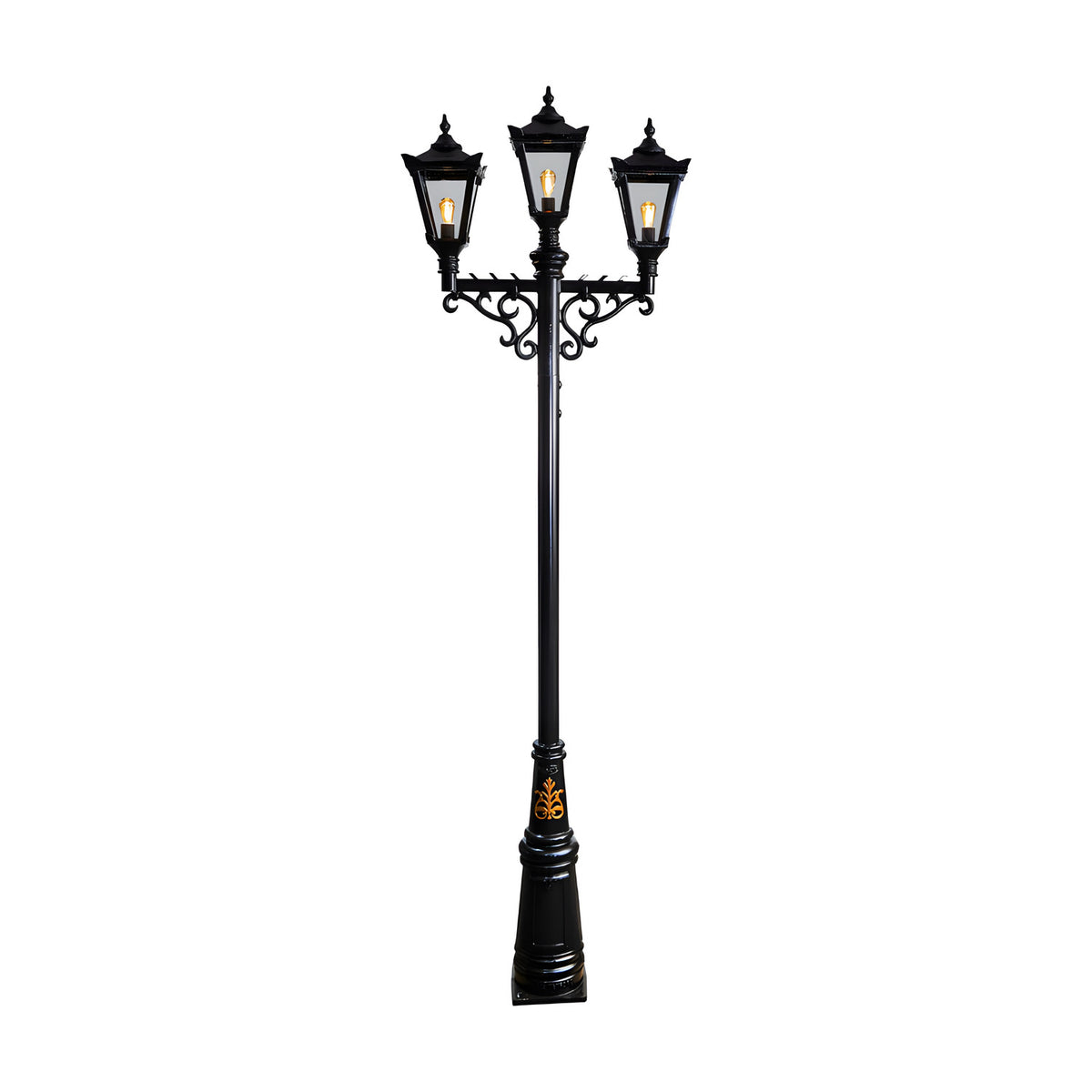 Victorian cast iron triple-headed lamp post in black, 3.5m tall with tapered lantern heads, scrolled brackets and a decorative base, shown against a plain white background.