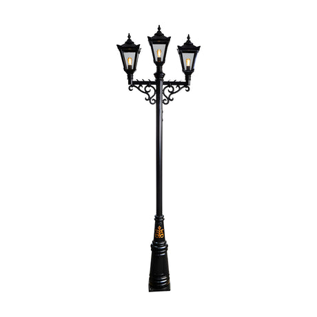 Victorian cast iron triple-headed lamp post in black, 3.5m tall with tapered lantern heads, scrolled brackets and a decorative base, shown against a plain white background.