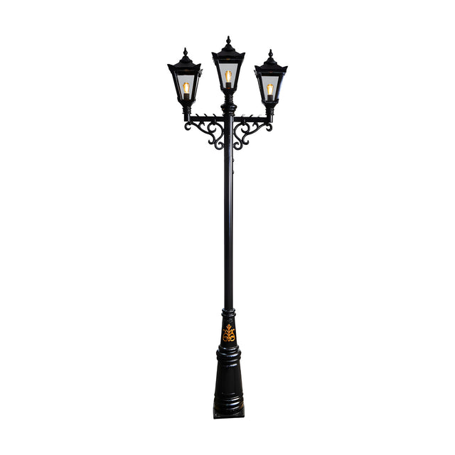 Victorian cast iron triple-headed lamp post in black, 3.5m tall with tapered lantern heads, scrolled brackets and a decorative base, shown against a plain white background.