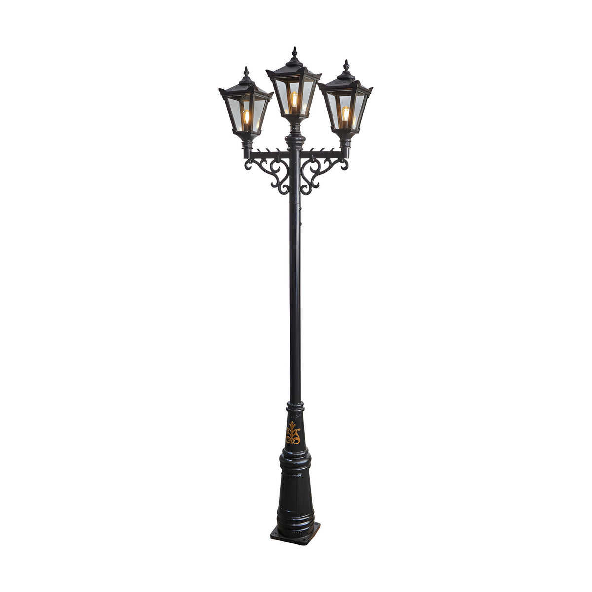 Victorian cast iron triple-headed lamp post in black, 3.5m tall with three lantern heads, scrolled brackets, and a decorative base, shown on a plain white background.