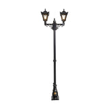 Victorian double-headed cast iron lamp post, 2.47m tall, with two lantern heads featuring stepped crowns and finials, in a black finish on a plain white background.