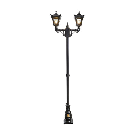 Victorian double-headed cast iron lamp post, 2.47m tall, with two lantern heads featuring stepped crowns and finials, in a black finish on a plain white background.