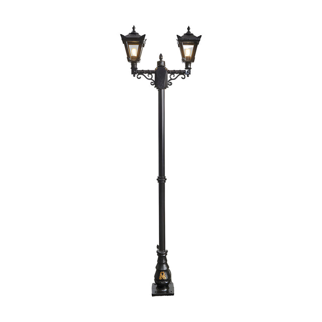 Victorian double-headed cast iron lamp post, 2.47m tall, with two lantern heads featuring stepped crowns and finials, in a black finish on a plain white background.