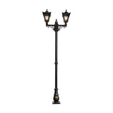 Victorian double-headed lamp post in black cast iron, 2.47m tall, with two tapered lantern heads featuring stepped crowns and cast finials, set on a plain white background.