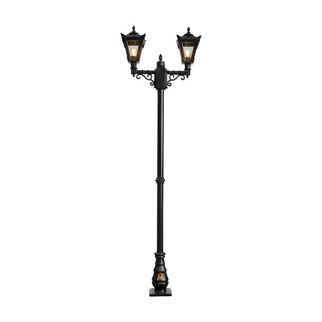 Victorian double-headed lamp post in black cast iron, 2.47m tall, with two tapered lantern heads featuring stepped crowns and cast finials, set on a plain white background.