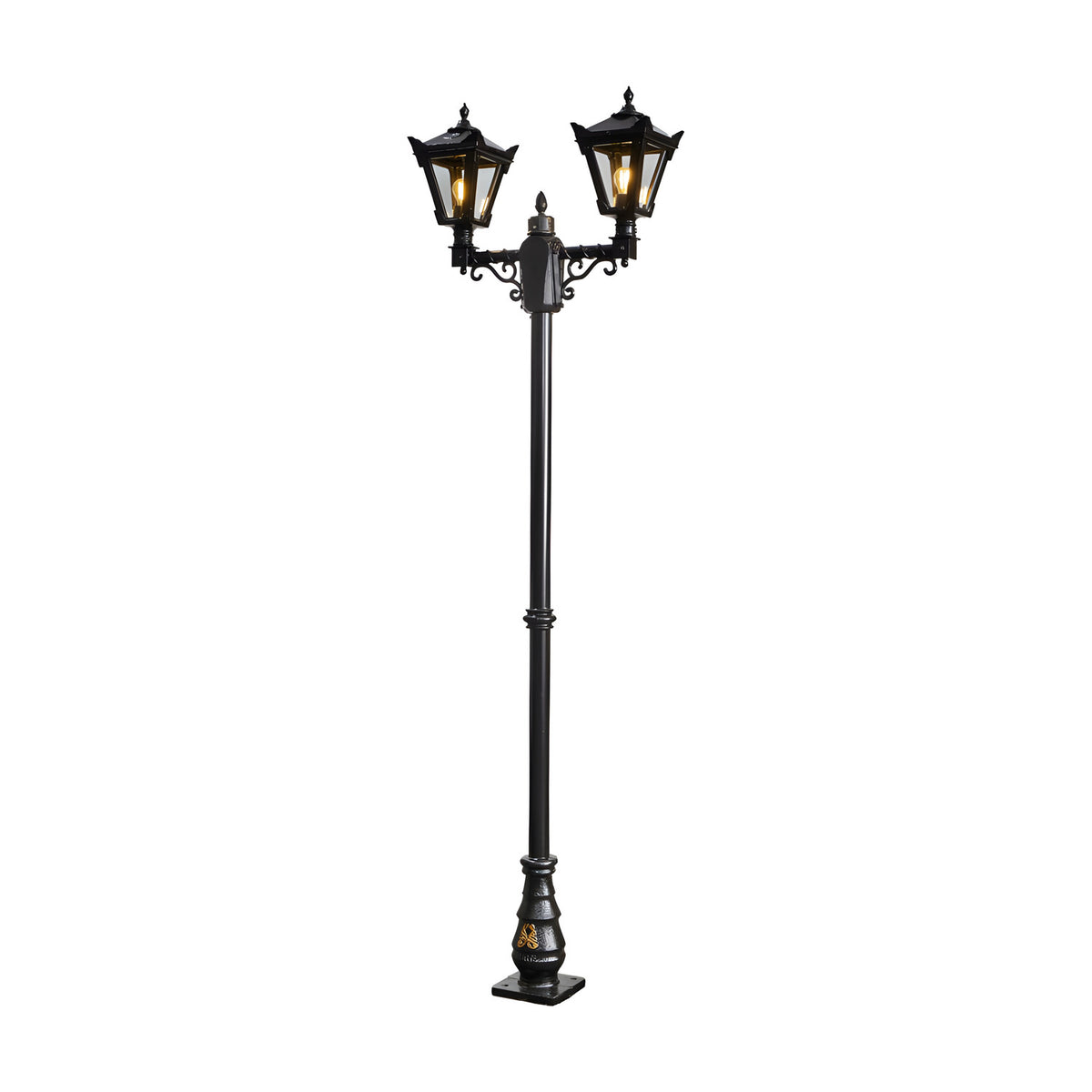 Victorian cast iron double-headed lamp post, 2.47m tall in black, with two tapered lantern heads featuring stepped crowns and cast finial detailing, on a plain white background.