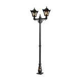 Victorian cast iron double-headed lamp post, 2.47m tall in black, with two tapered lantern heads featuring stepped crowns and cast finial detailing, on a plain white background.