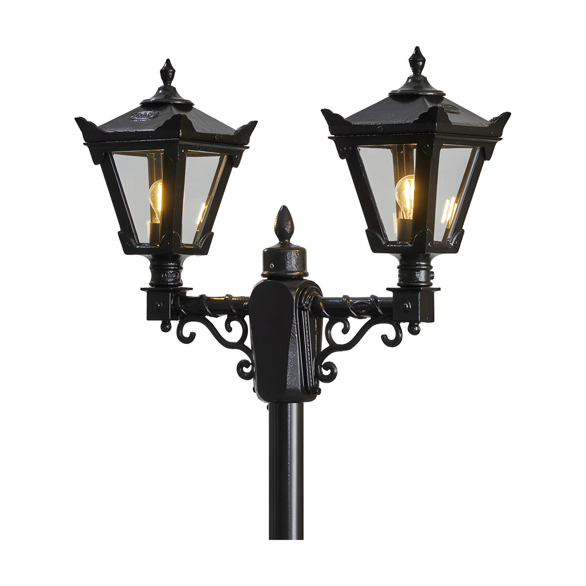 Victorian cast iron double-headed lamp post, 2.47m, in black with two tapered lantern heads, glass panels, scrolled brackets and decorative finials on a plain white background.