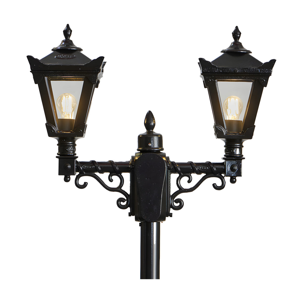 Victorian cast iron double-headed lamp post, 2.47m, black finish, two tapered lantern heads with glass panels and cast finials on ornate scrolled brackets, plain white background.