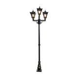 Victorian cast iron triple-headed lamp post in black, 2.6m tall with three tapered lantern heads on scrolled brackets and a decorative base, shown on a plain white background.