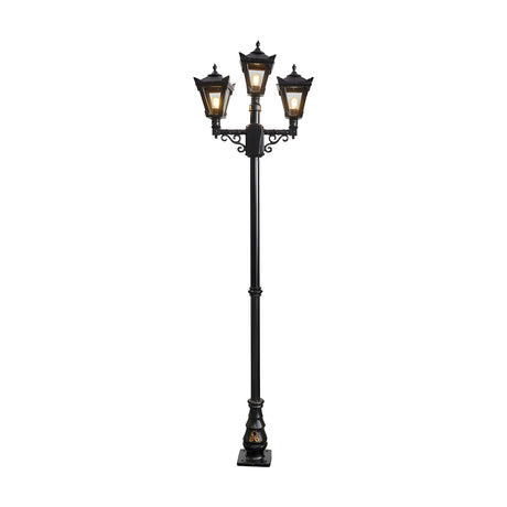 Victorian cast iron triple-headed lamp post in black, 2.6m tall with three tapered lantern heads on scrolled brackets and a decorative base, shown on a plain white background.