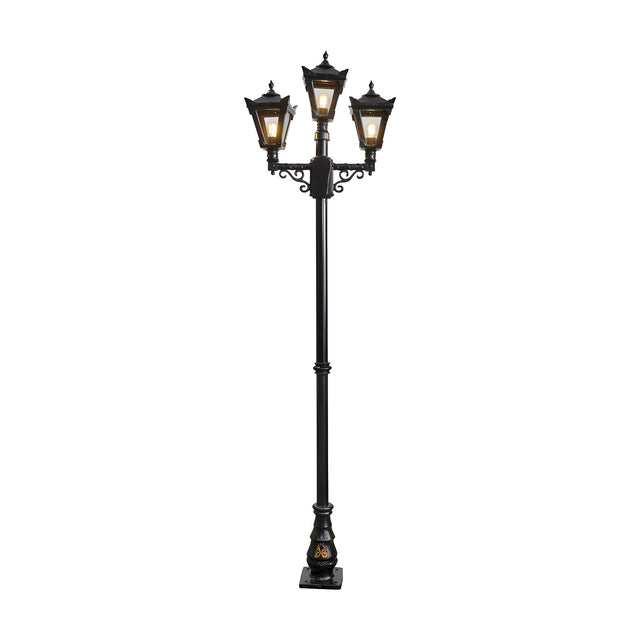 Victorian cast iron triple-headed lamp post in black, 2.6m tall with three tapered lantern heads on scrolled brackets and a decorative base, shown on a plain white background.